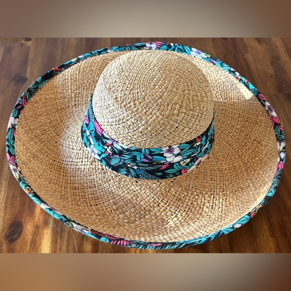 Rare 80s Vintage Walt Disney Tropical Floral Band Straw Sun Beach Hat